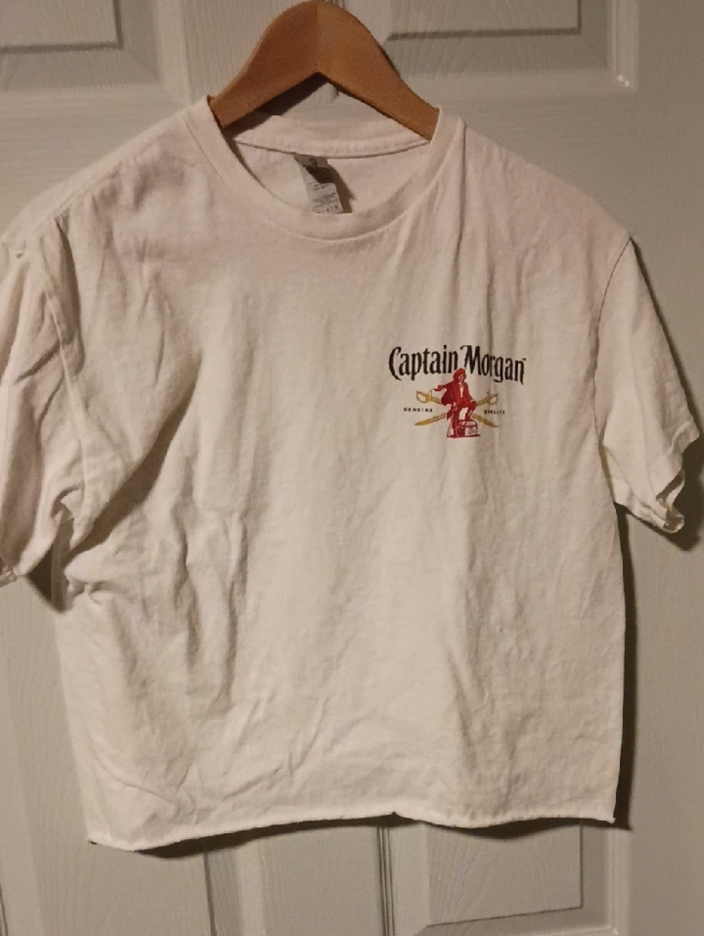 Gildan White Captain Morgan Logo Tee with Red and Gold Detail
